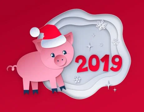 Red colored postcard of New Year Pig Stock Illustration