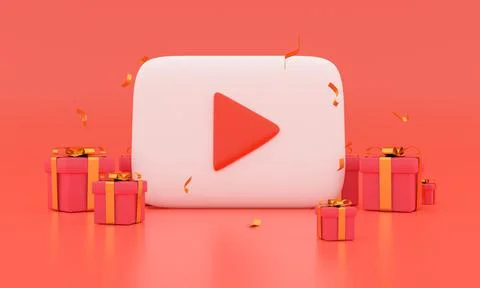 Red colored round play button on pastel background. Concept of video icon logo Illustrazione stock
