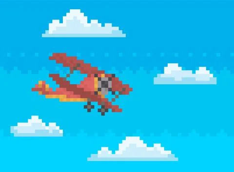 Red combat aircraft while flying among clouds. Lonely pixel helicopter for old Stock-Illustration