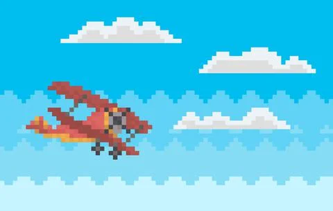 Red combat aircraft while flying among clouds. Lonely pixel helicopter for old Stock-Illustration