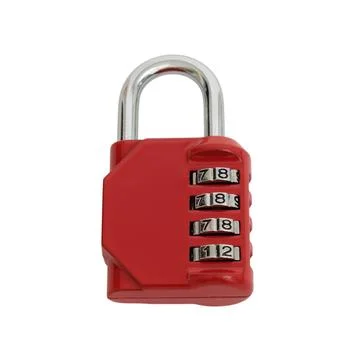 Red combination padlock on white background. Metal security lock with digit.. 스톡 사진