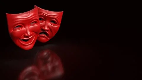 Red Comedy and Tragedy Theater Masks on Black Background 3d render.. Stock Illustration