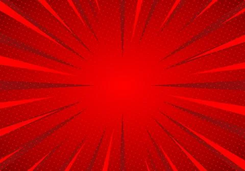 Red comic style background with radial sunburst rays and halftone dots, cen.. Illustrazione stock