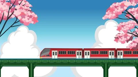 Red Commuter Train Crossing Bridge with Pink Cherry Blossom Trees Stock-Illustration