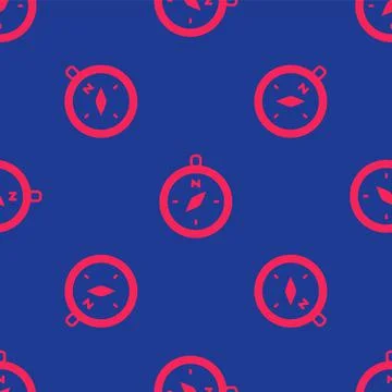 Red Compass icon isolated seamless pattern on blue background. Windrose 스톡 일러스트