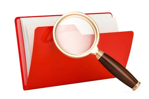 Red computer folder icon with magnifier, 3D rendering Stock Illustration