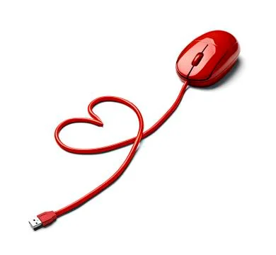 Red computer mouse and cable shaped like a heart on white ground Stock Illustration