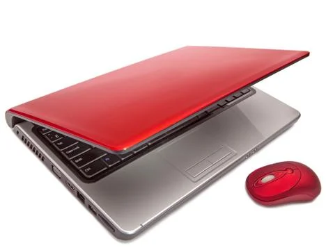 Red computer mouse and red notebook.. Stock Photos