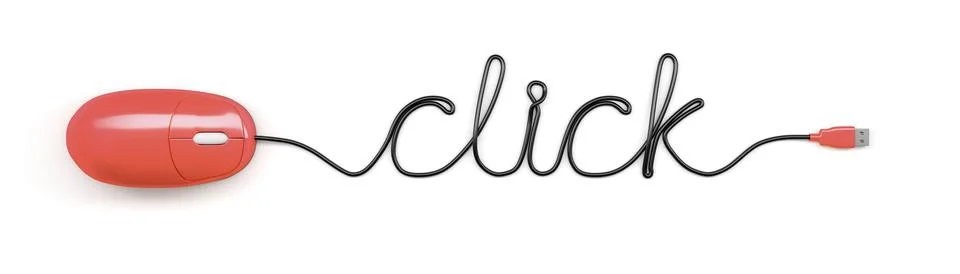A red computer mouse and the word click formed by the cable Stock Illustration