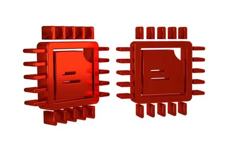Red Computer processor with microcircuits CPU icon isolated on transparent .. Illustrazione stock