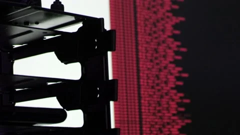 Red computer software code moving on a black monitor reflect on glass. Abstra 스톡 동영상 143872169
