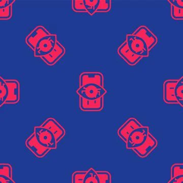 Red Computer vision icon isolated seamless pattern on blue background. Technical Stock Illustration
