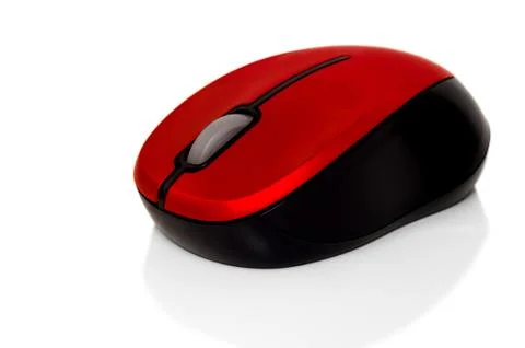 Red computing to wireless mouse on a white background Stock Photos