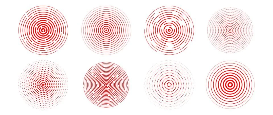Red concentric circle set. Radial sonar or sound wave ring collection. Halftone Illustrazione stock