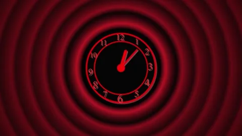 Red concentric circles emanating from a red analog clock face on a animatio.. Stock Footage 321587780