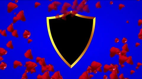Red Confetti Falling Over A Golden Shield Emblem Against A Bright Blue Stock Footage 338368301