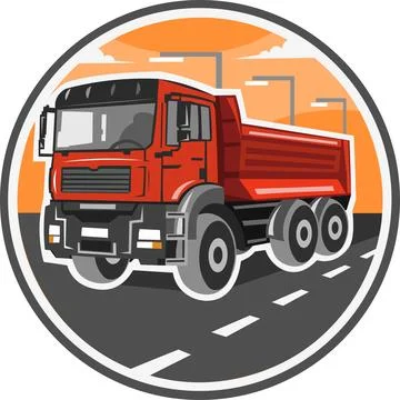 Red construction truck vector image in circle with road and highway landscape Stock Illustration