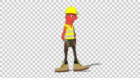 Red Construction Worker 'Walk with Hands Behind Back Screen Right' Connectable Stock Footage 52212524