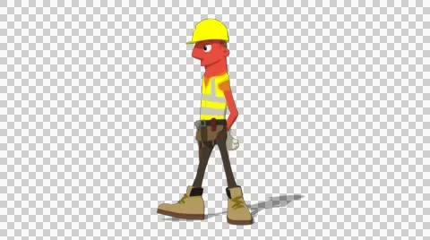 Red Construction Worker 'Walk with Hands Behind Back Screen Left' Connectable Stock Footage 52212678