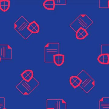 Red Contract with shield icon isolated seamless pattern on blue background Stock Illustration