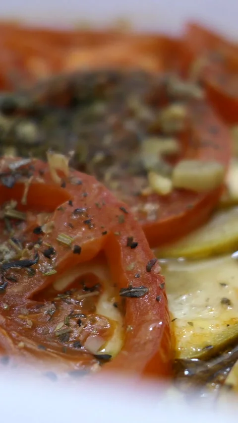Red Cooked Tomato Dish With Spices And Herbs. Slider Shot. Vertical. Stock Footage 297862496
