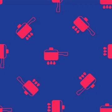 Red Cooking pot on fire icon isolated seamless pattern on blue background. Bo 스톡 일러스트