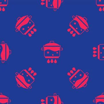 Red Cooking pot on fire icon isolated seamless pattern on blue background. Boil Stock Illustration