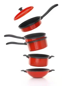Red cookware set on white background Stock Photos