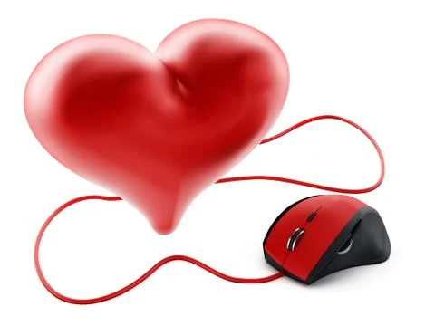 Red corded mouse connected to shiny heart. 3D illustration Stock Illustration