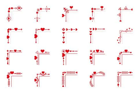 Red corner heart line border decor icon set vector Stock Illustration