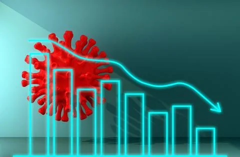Red coronavirus bacteria lit by ray of light with chart shows decline Stock Illustration