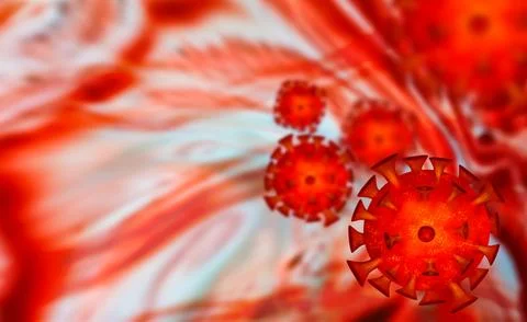 Red coronavirus particles over blurred blood-like swirls, 3D render Ilustração Stock
