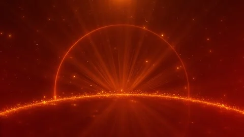 Red cosmic horizon with glowing arc, sun sphere, particles, and dramatic sci fi Stock Footage 340470392