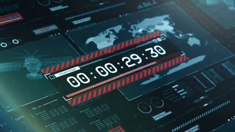 Red countdown message on screen, satellite control center hacked, missile launch Stock Footage 83086584