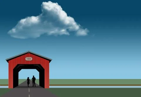 A red covered bridge, blue sky, a stream and flat grassland are the backgroun Stock Illustration