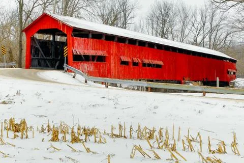 Red Covered Bridge Midwinter Stock Photos