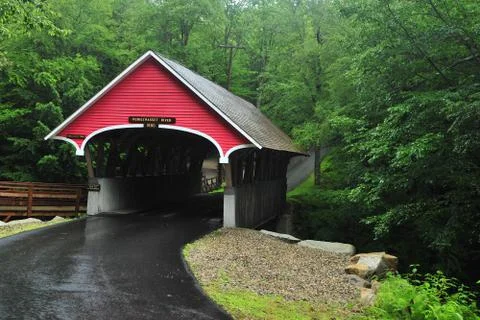 Red covered bridge Stock Photos