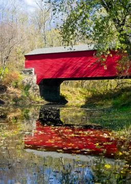 Red Covered Bridge Reflection Stock Photos