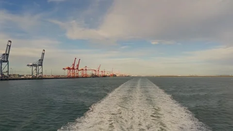 Red cranes stand tall, marking a bustling port's edge Stock Footage 342401546