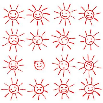Red crayon chalk funny sun with smile face. Red pastel chalk hand drawn set Stock Illustration