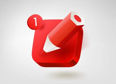 Red crayon on red button. 3d vector mobile application icon 스톡 일러스트