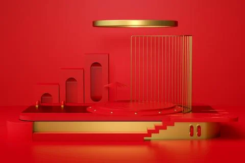 Red creative presentation stage, 3d rendering. Illustrazione stock
