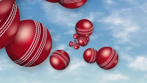 Red Cricket Balls Flying Through Blue Sky with Clouds Stock Footage 345804141