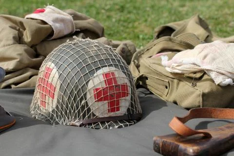 Red cross military helmet Stock Photos