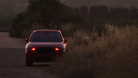 Red crossover SUV stopped on dirt track in deep twilight Stock Footage 337793159