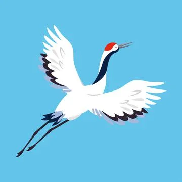 Red Crowned Crane as Long-legged and Long-necked Bird Flying with Spread Wings Stock Illustration