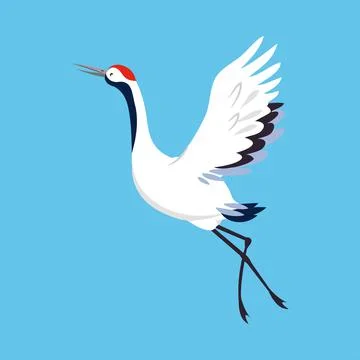 Red Crowned Crane as Long-legged and Long-necked Bird Flying with Spread Wings Stock Illustration