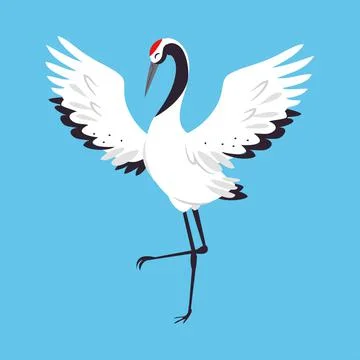 Red Crowned Crane as Long-legged and Long-necked Bird Standing with Spread Wings Stock Illustration