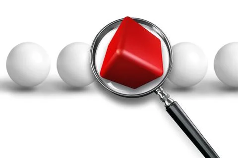 Red cube found among white balls. conceptual image Stock Illustration