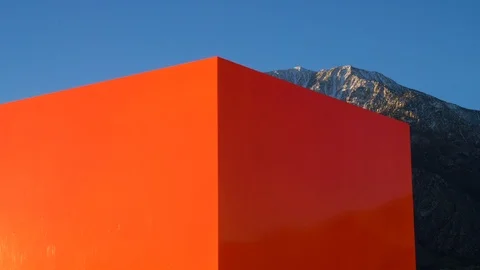 Red Cube Monolith Contemporary Art Mountain Peak Close Up, Palm Springs Stock Footage